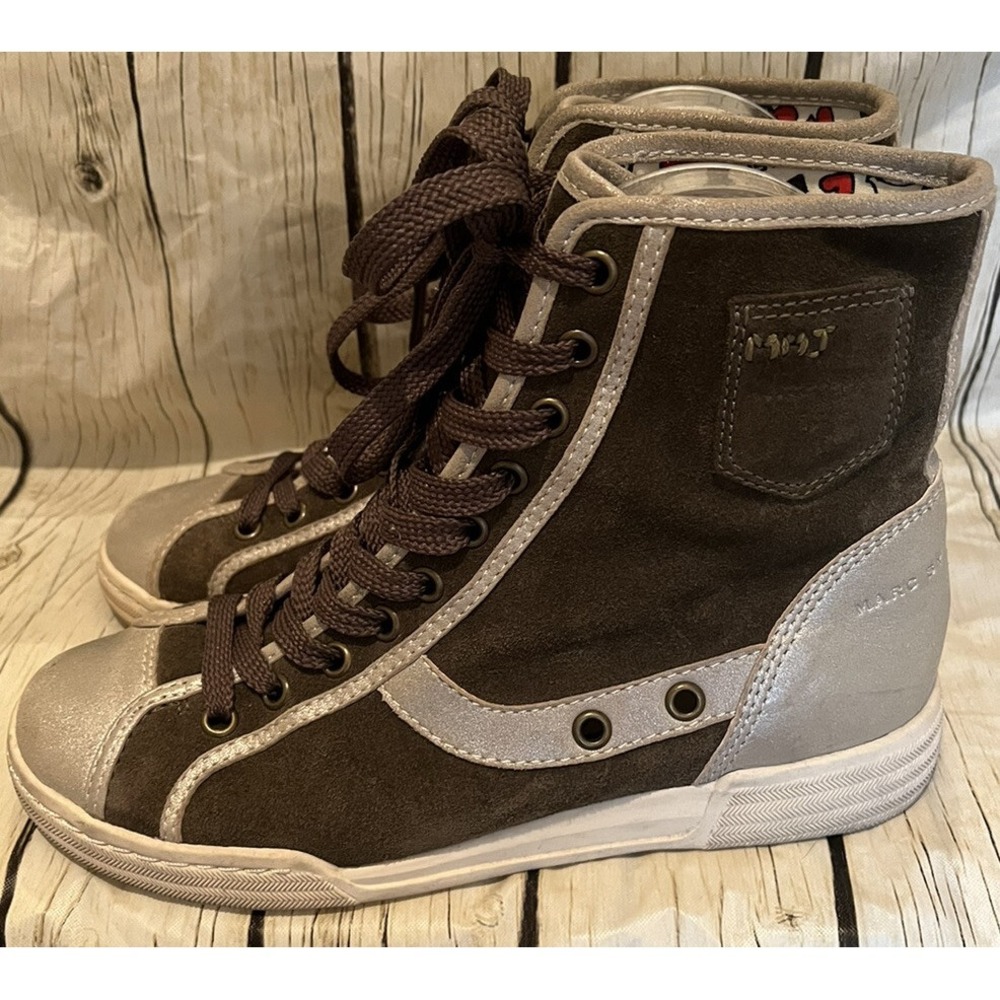 Marc Jacobs Suede Leather High-Top Cup toe Silver Green Pocket Sneakers Shoes 6